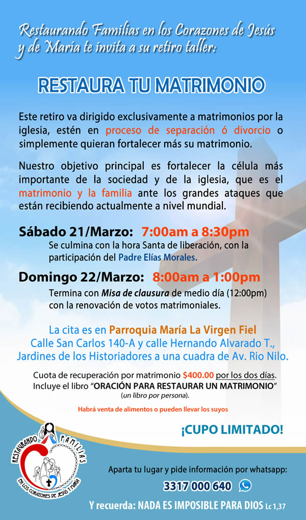 Retiro restaura tu matrimonio marzo 21 y 22